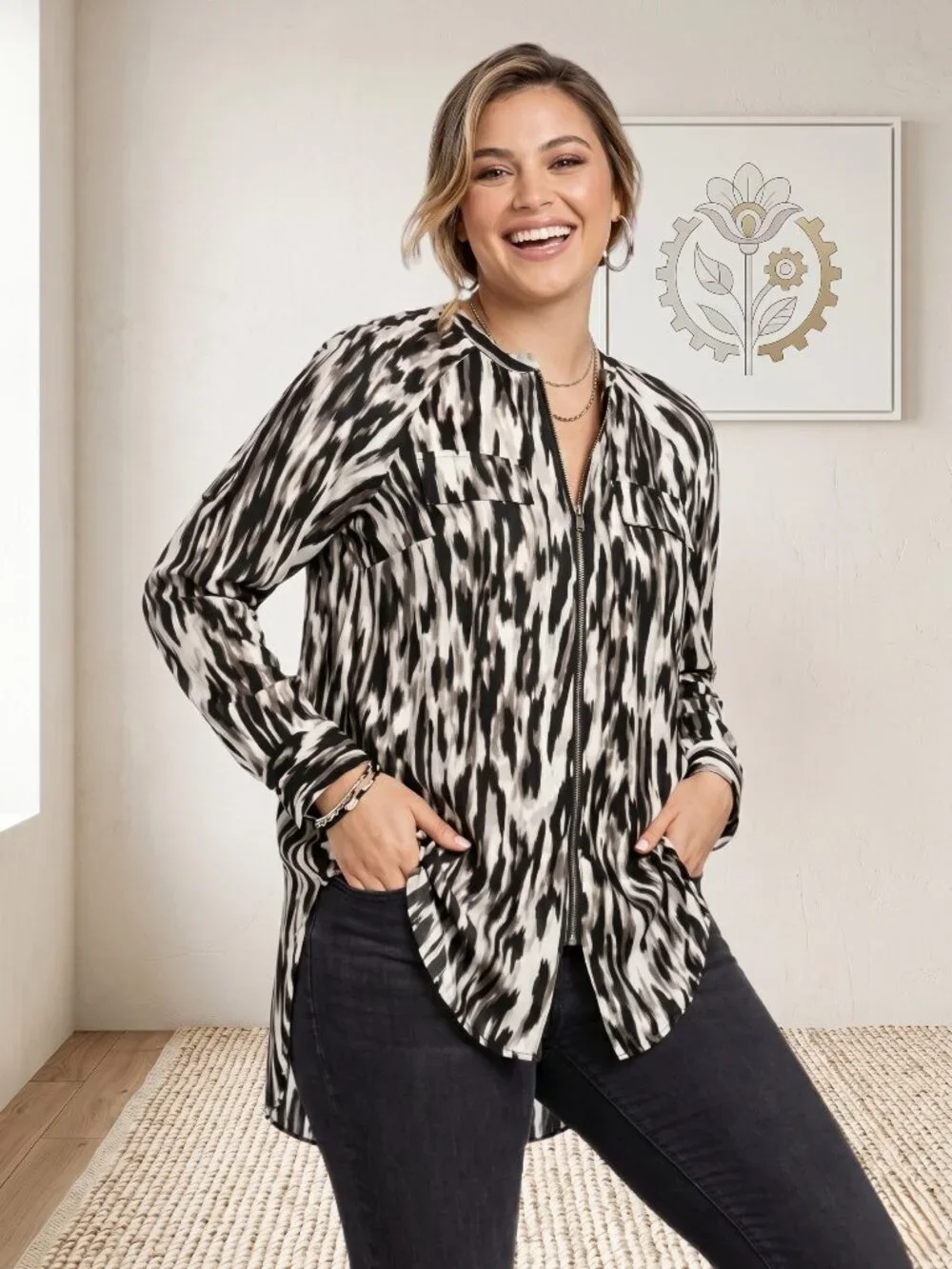 Rock & Republic Edgy Rocker Zipper Tunic Shirt M Black White Abstract Print - Picture 1 of 12